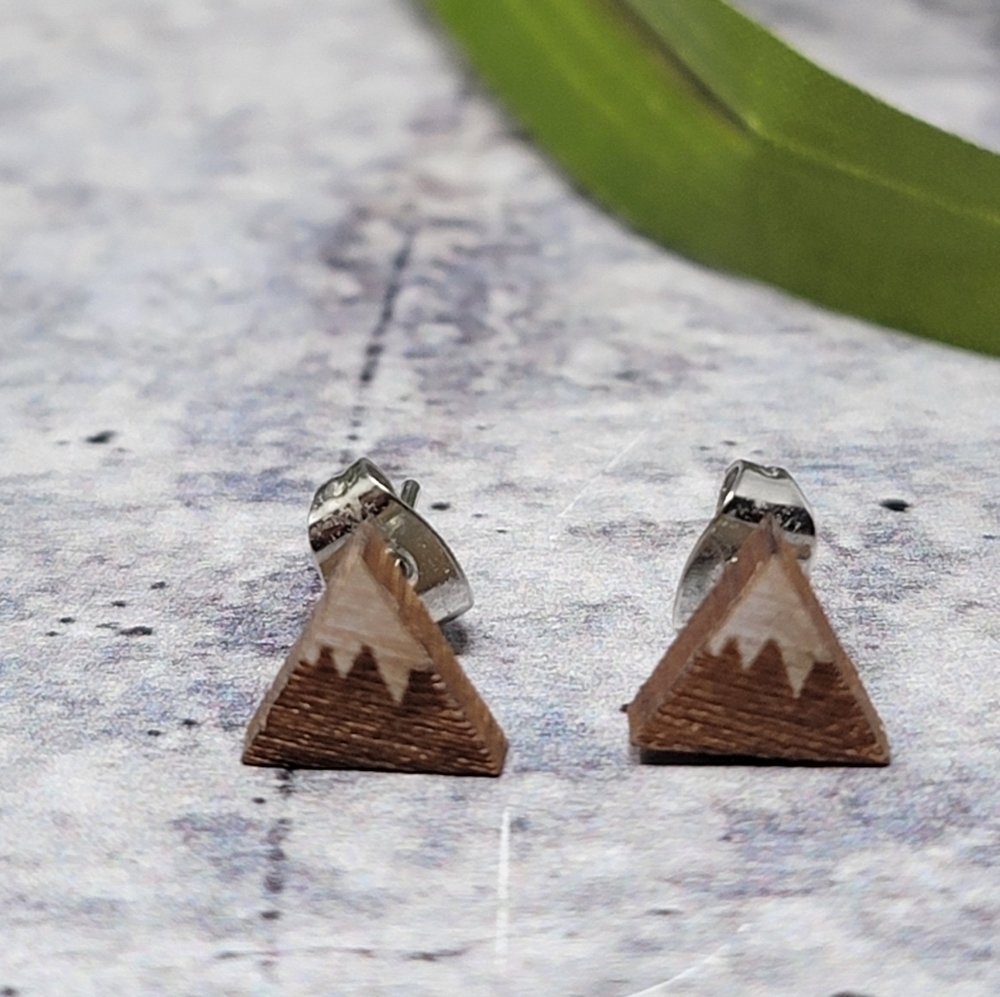 Wooden Snow Capped Mountain Stud Earrings